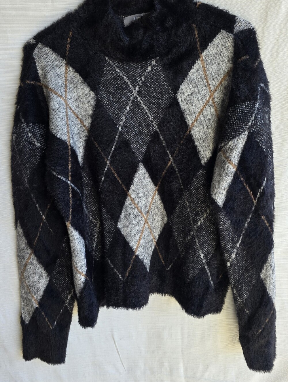 Marled Black & Gray Argyle Fuzzy Turtleneck Sweater